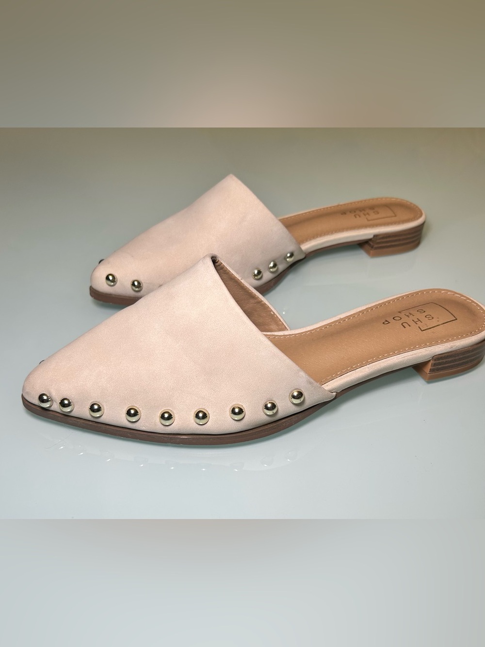 ShuShop Alaska Ivory Bone Studded Pointed Toe Mules | Slip-On Flats Neutral Chic - Picture 2 of 6